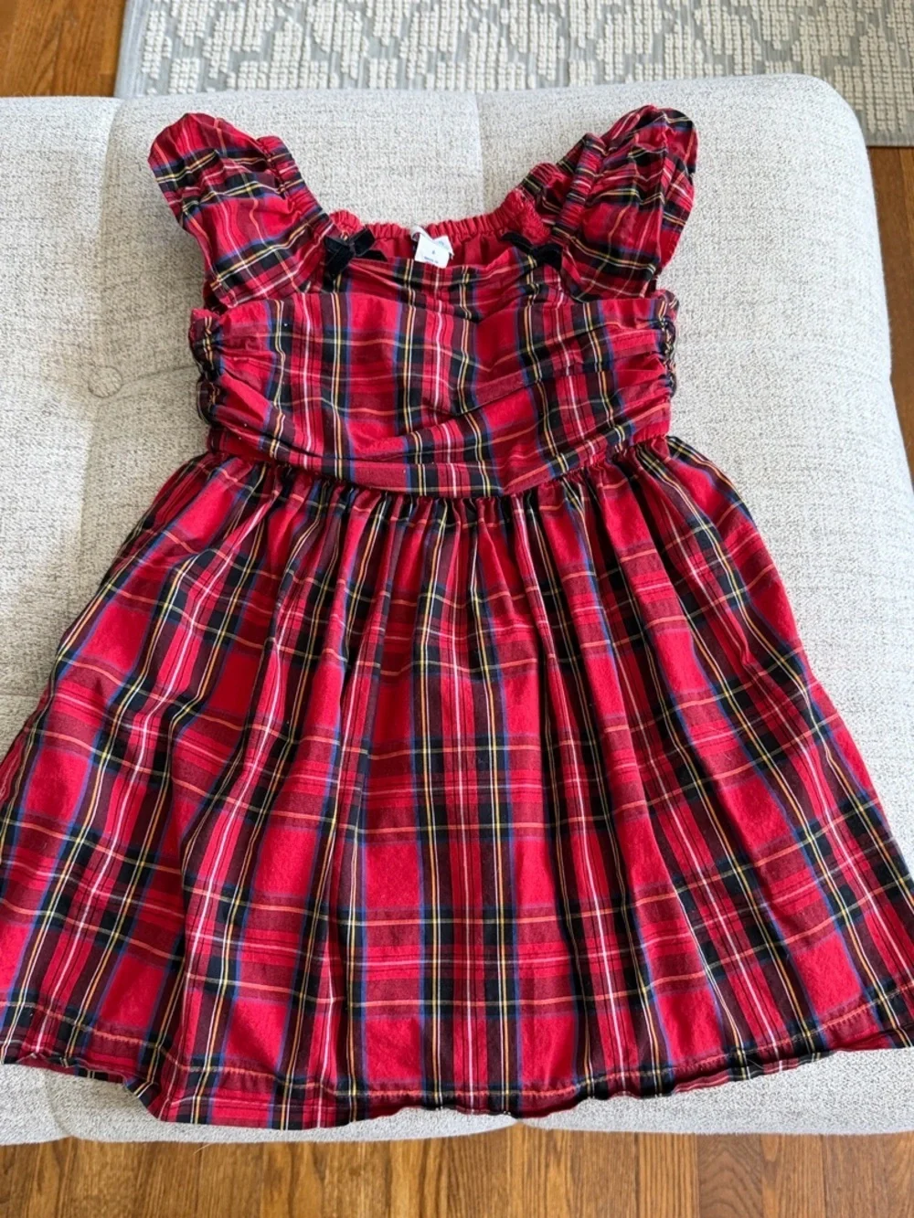 Crewcuts Girls Red Tartan Plaid Ruched Bodice Puff Sleeve Dress Size 6 Holiday